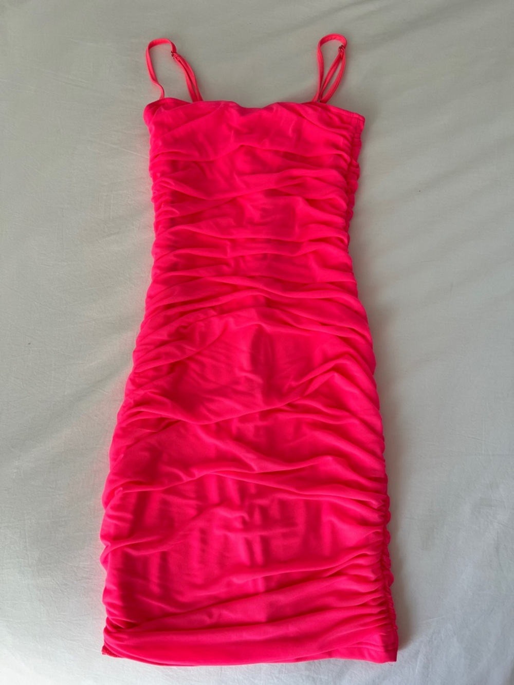 Ruched Hot Pink Spaghetti Strap Mini Dress